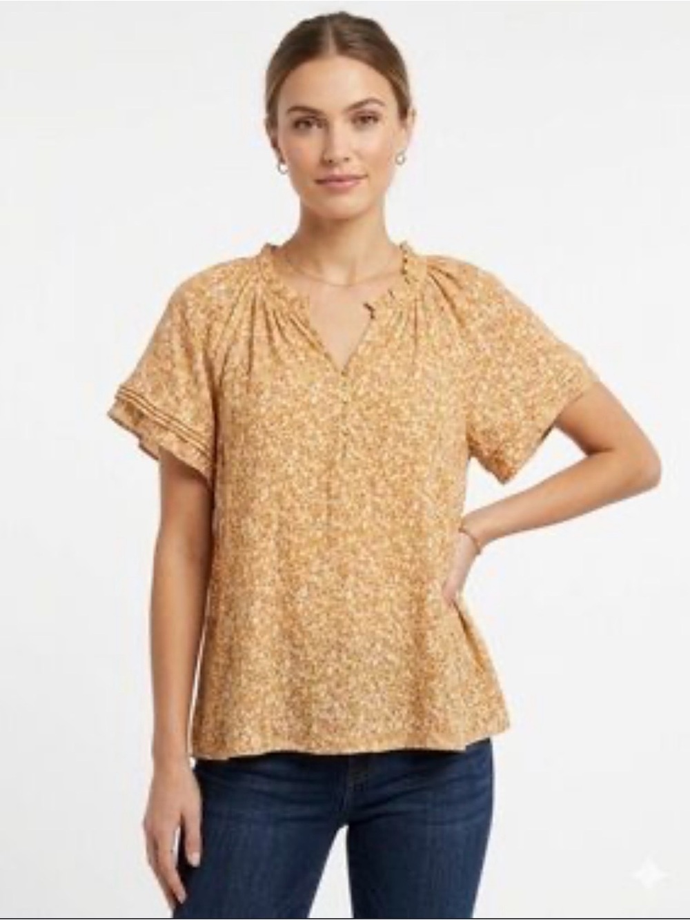 Wonderly Floral Peasant Blouse Size L Orange Yellow Boho Split Neck Short Sleeve